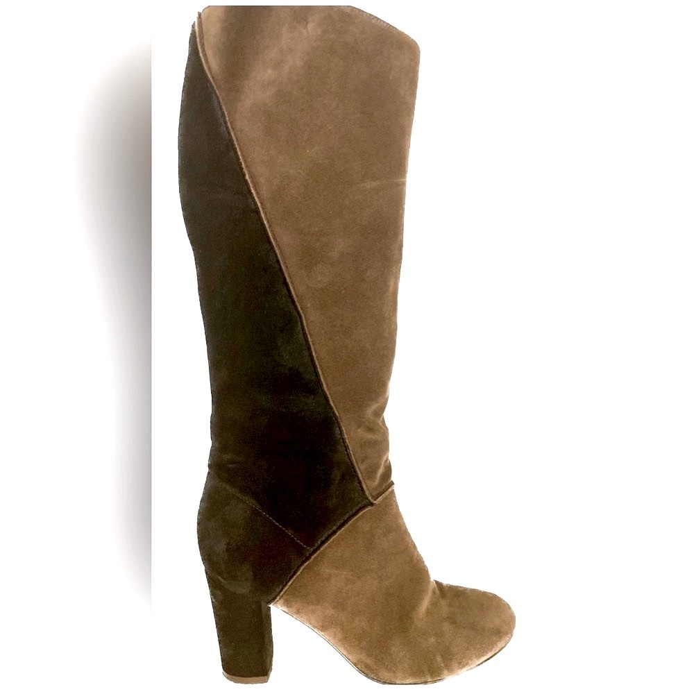 Two-Tone Brown Suede Knee-High Heeled Boots